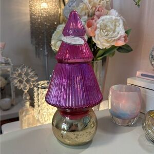 Anthropologie Pink Tree Candle with Gold Base.